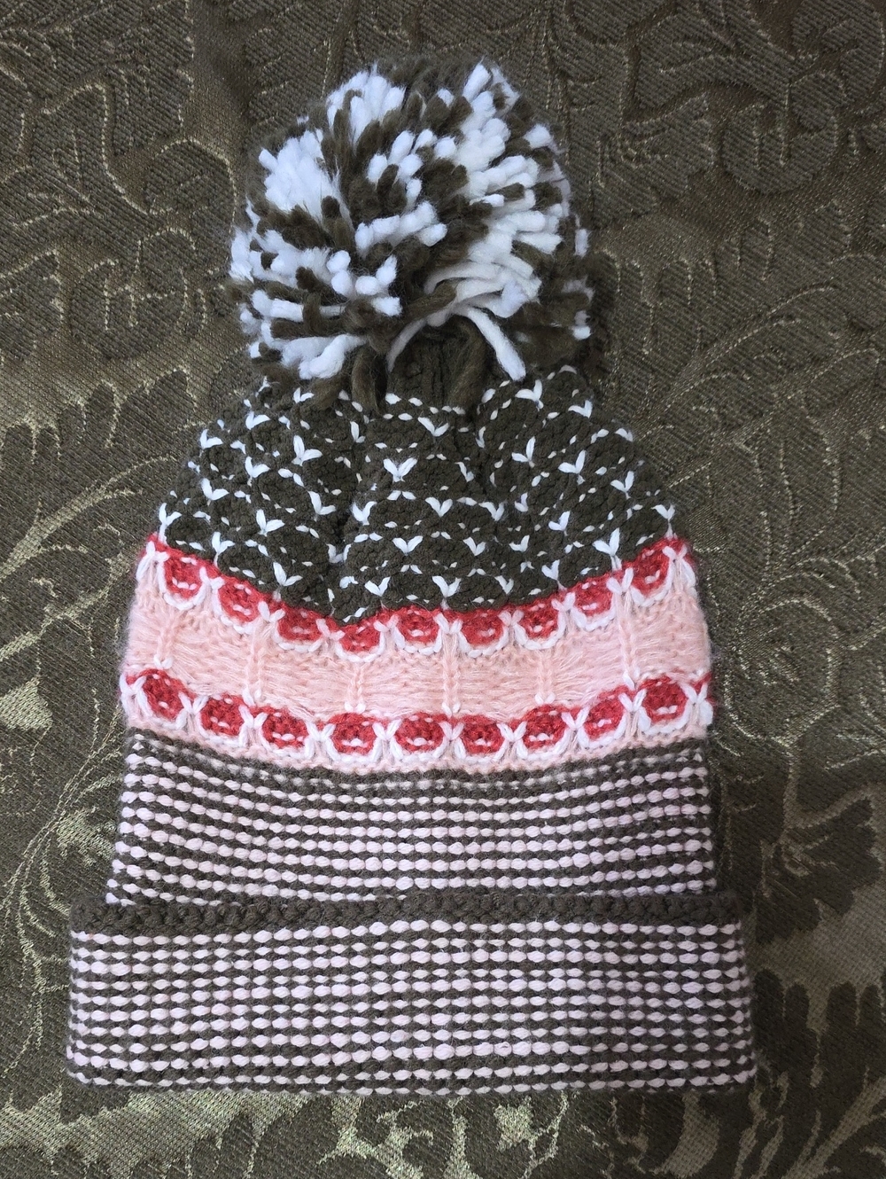 Striped Pom-Pom Knit Beanie in Pink & Brown